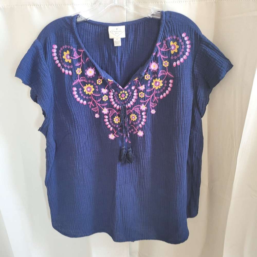 Boho Womens Top 2X Embroidered Cotton Gauze Tassel Peasant Hippie Folk 21826
